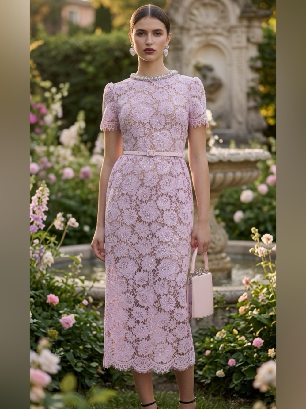 Self Portrait Delicate Lavender Lace Midi Dress with Belt US 10